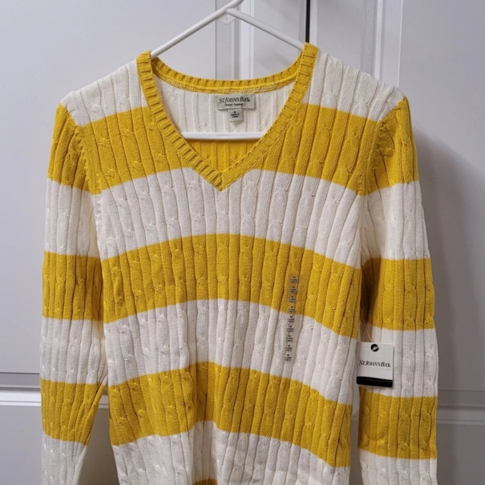 St. John's Bay Yellow and White Striped Sweater St. John's Bay Women's Sweater